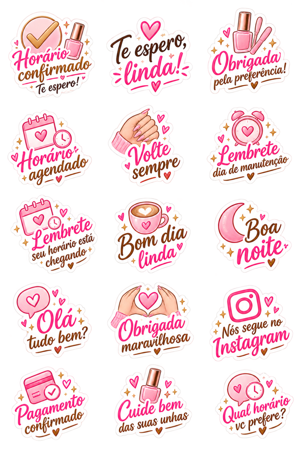 Cartela de figurinhas com frases decorativas em rosa: horário confirmado, obrigada pela preferência, bom dia linda e mais
